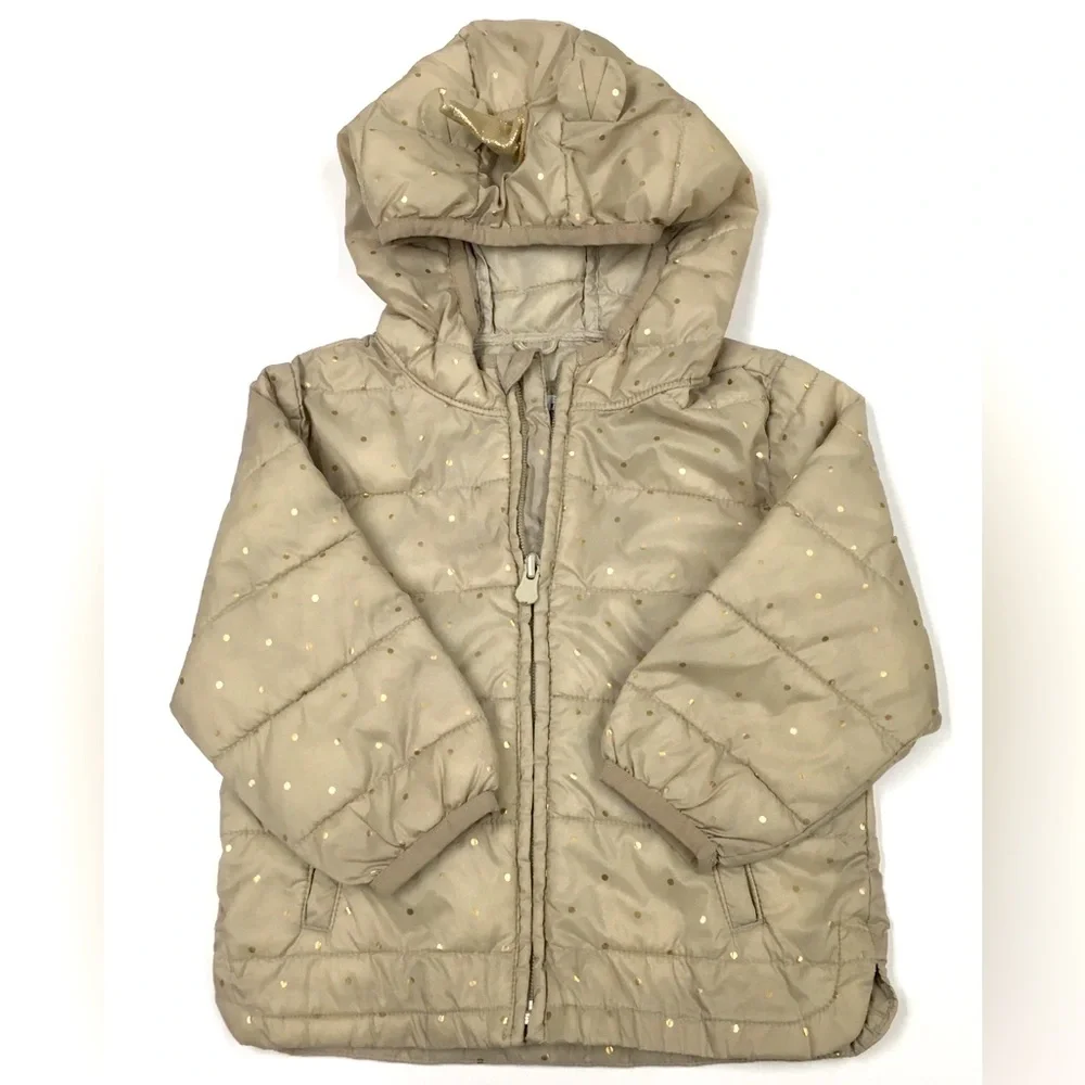Gap Unicorn Puffer Rain Jacket 18-24 Months Tan Gold Polka Dot Water Resistant